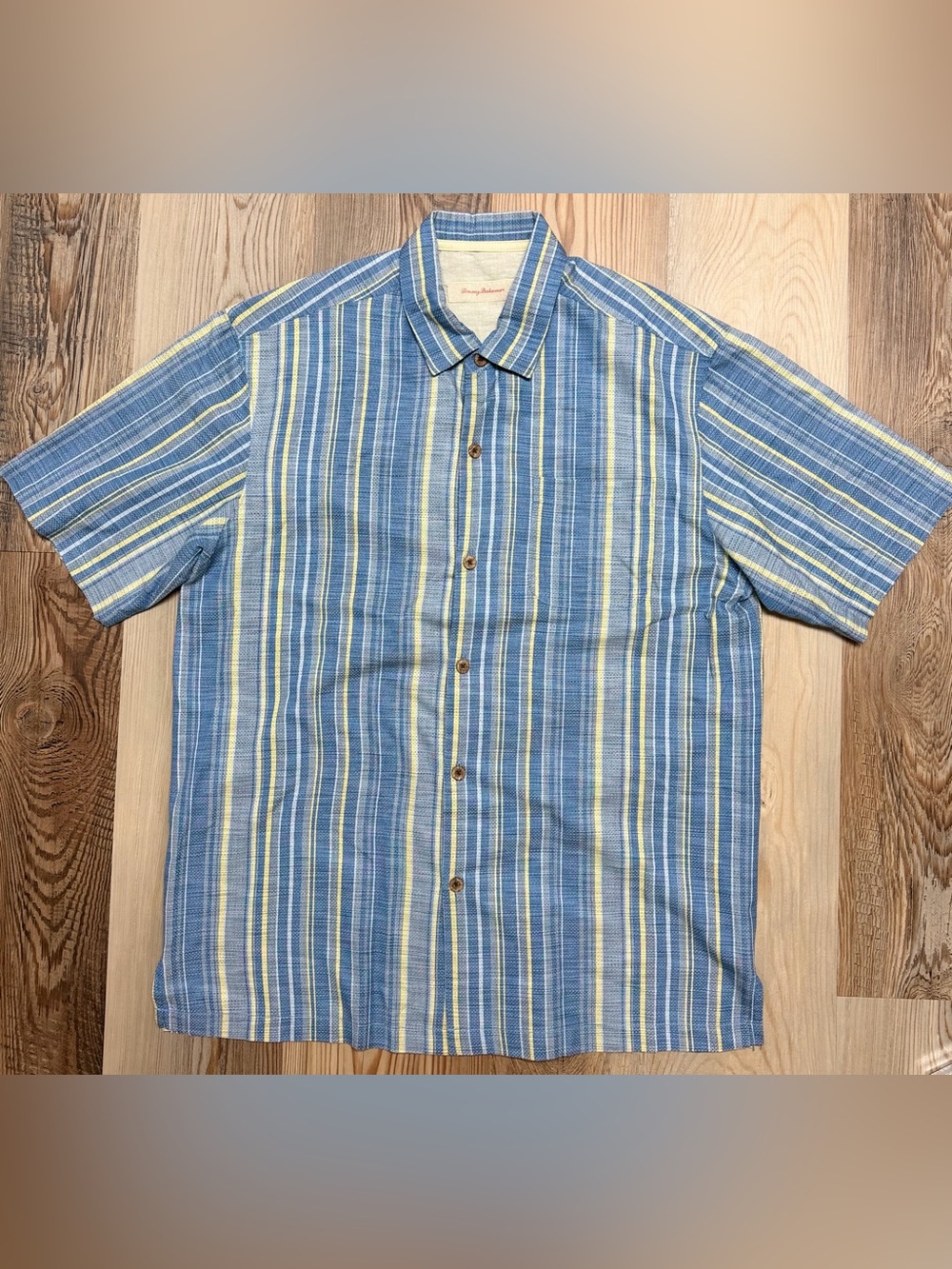 Tommy Bahama Men L ShortSleeve Blue Yellow Vertical Stripe SilkBlend Resortshirt